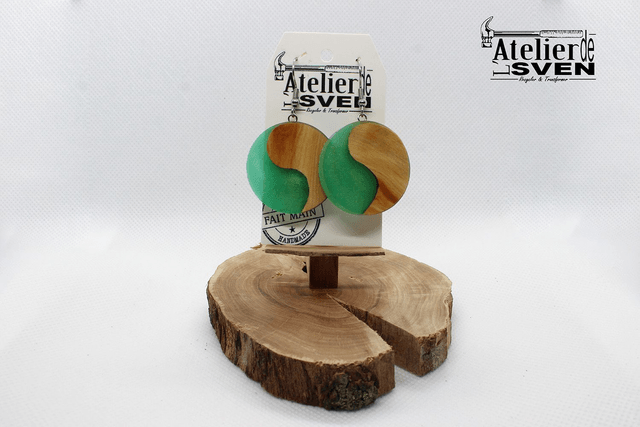 Boucles d'Oreilles Bois & Résine- Disque25mm - Couleur VERT CLAIR